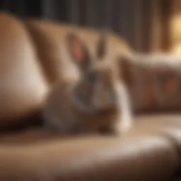 A playful rabbit exploring a couch with curiosity