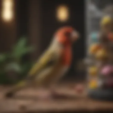 A beautifully arranged finch cage with colorful toys and feeding stations.