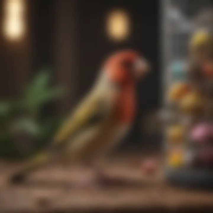A beautifully arranged finch cage with colorful toys and feeding stations.