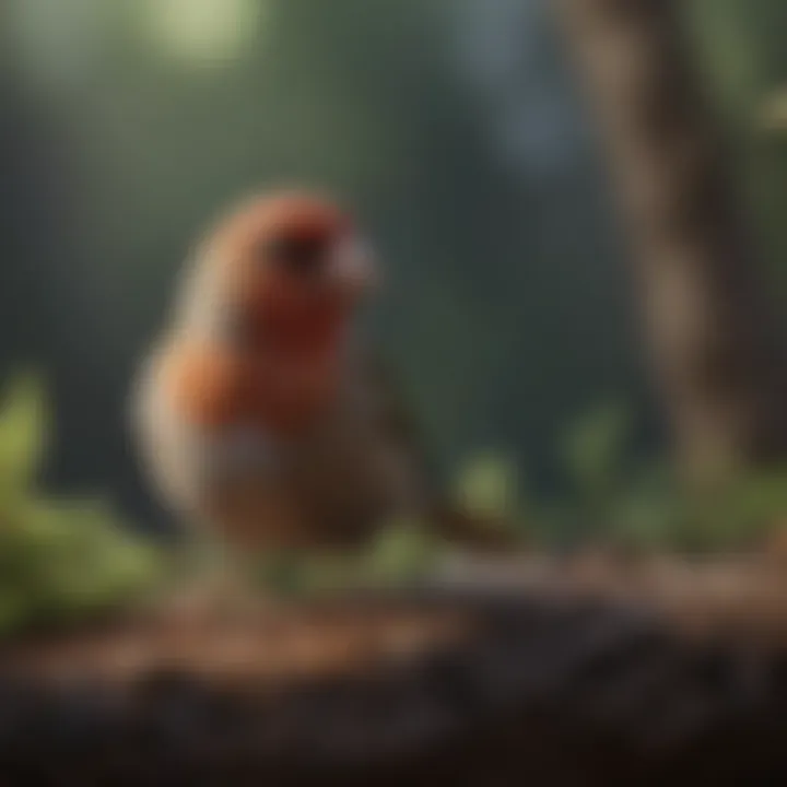 A serene setting depicting a person observing finches in their natural behavior.