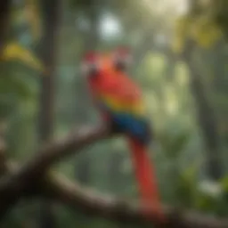 Vibrant scarlet macaw perched on a branch, showcasing its colorful feathers