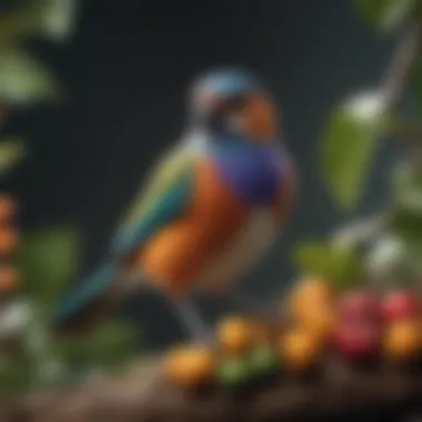 Colorful bird perched on a branch with calcium-rich foods