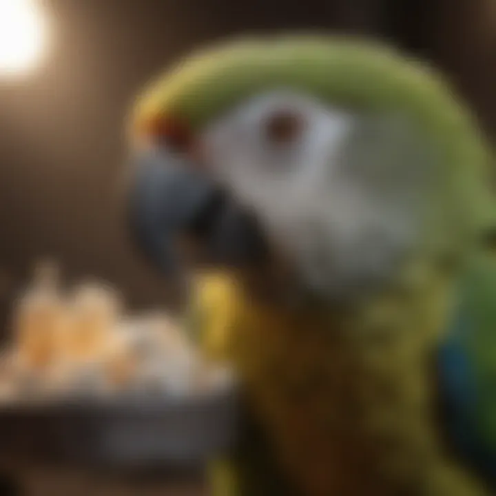 A parrot demonstrating signs of calcium deficiency with weakened bones or poor feather quality.