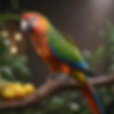 Nutritious Diet for Parrots A vibrant parrot perched on a branch enjoying a nutritious diet rich in calcium sources.