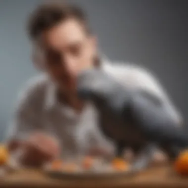 A caring owner examining the dietary needs of an African Grey Parrot