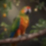 A vibrant parrot perched on a branch with a focus on its beak and feathers, showcasing health and vitality.