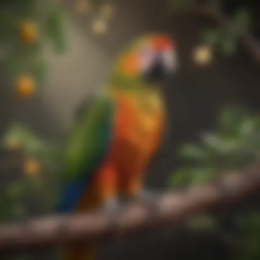 A vibrant parrot perched on a branch with a focus on its beak and feathers, showcasing health and vitality.