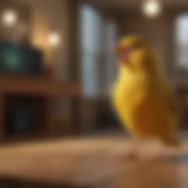 Happy canary singing in a cozy living room setting