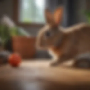 A playful rabbit engaging with an interactive toy