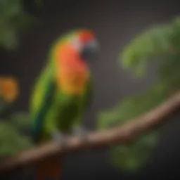 A vibrant green chatterbox parrot perched on a branch, showcasing its colorful feathers and inquisitive gaze.