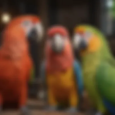 An array of colorful talking parrot species in a natural setting.