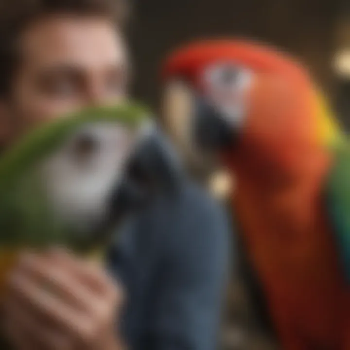 A close-up of a parrot interacting with its owner, emphasizing the bond.