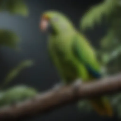 A vibrant green talking parrot perched on a branch, showcasing its plumage.