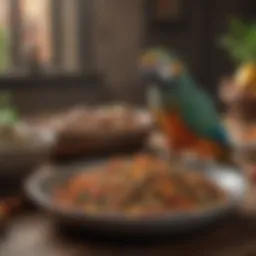 Variety of parrot food in bowls showcasing different ingredients