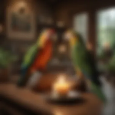 A cozy room setting featuring parrot safe candles lit safely around a parrot.