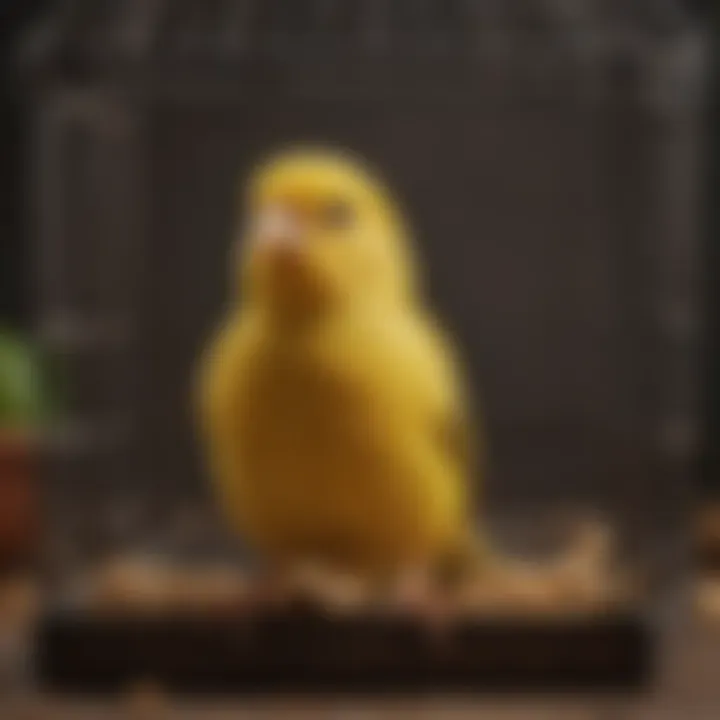 Canary in a cozy cage, demonstrating its cheerful demeanor