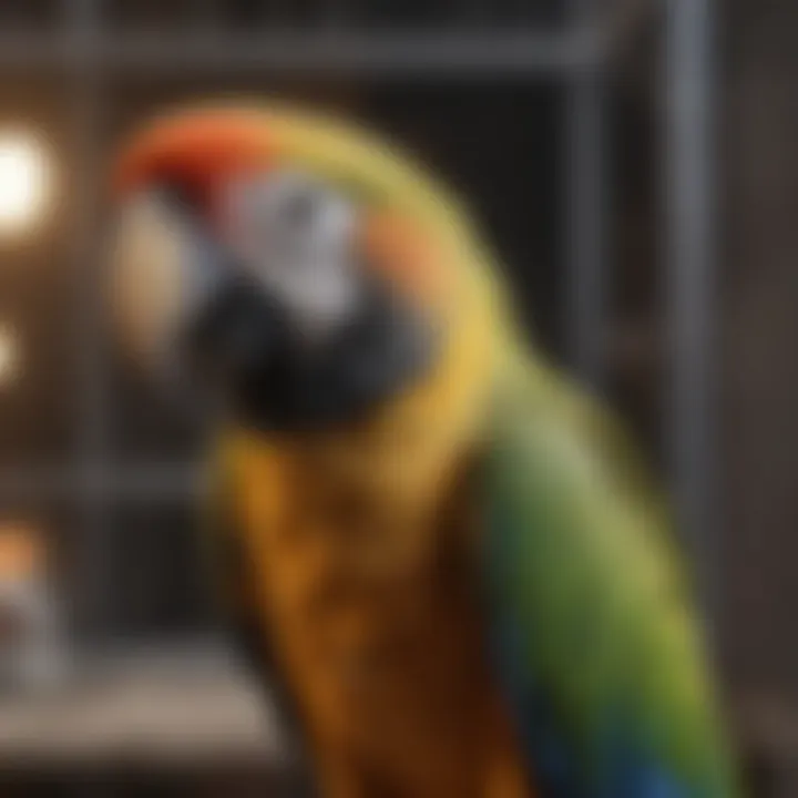 A parrot exploring its new cage environment