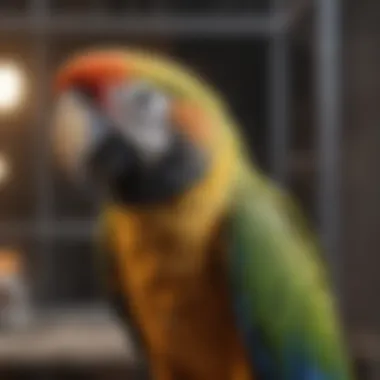Parrot in New Cage Environment A parrot exploring its new cage environment