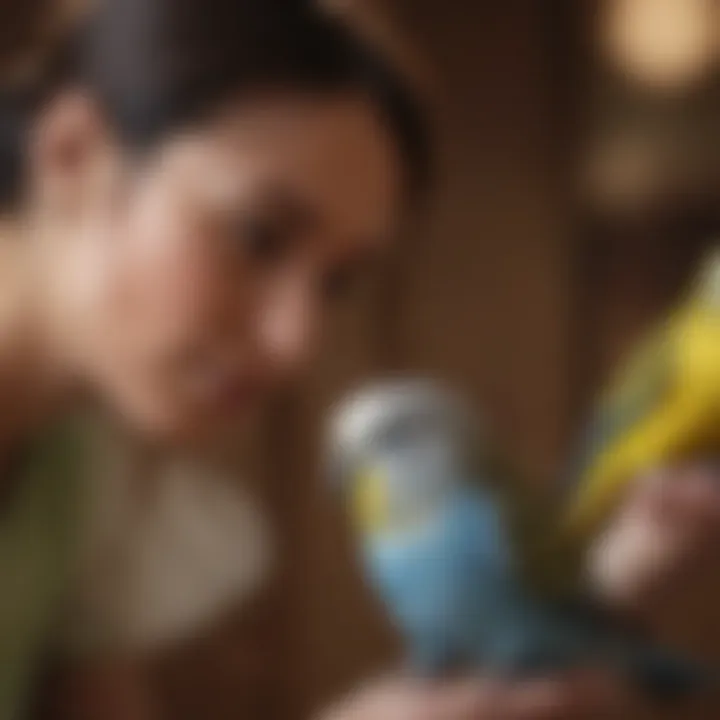 A pet owner interacting with their budgie