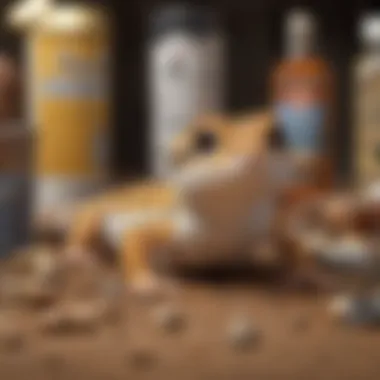 Various health supplies and care items for leopard geckos arranged neatly.