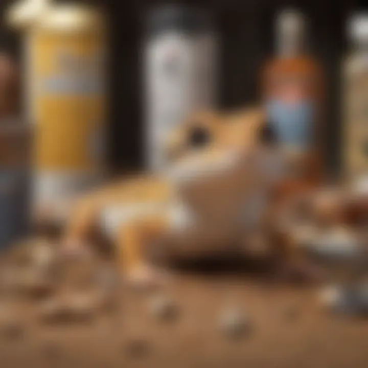 Various health supplies and care items for leopard geckos arranged neatly.