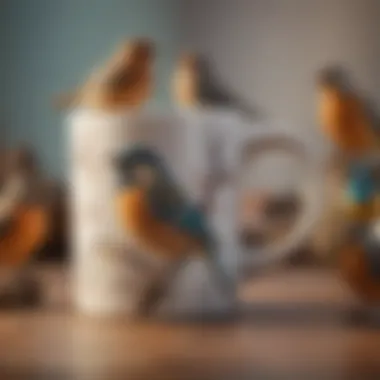 A colorful collection of bird mugs representing various species, arranged artistically.