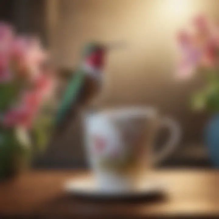 A bird mug showcasing a delicate hummingbird hovering near flowers, highlighting intricate craftsmanship.