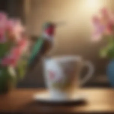 Hummingbird Mug Elegance A bird mug showcasing a delicate hummingbird hovering near flowers, highlighting intricate craftsmanship.