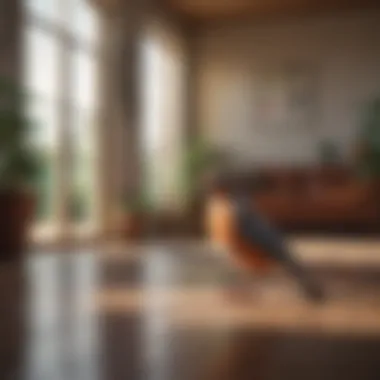 A serene living space featuring a clean floor and a happy bird perched nearby.