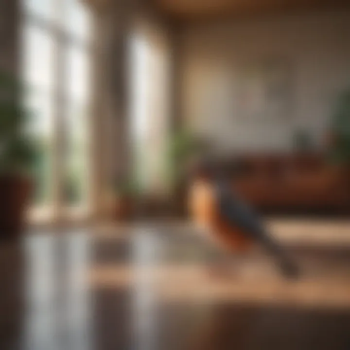 A serene living space featuring a clean floor and a happy bird perched nearby.