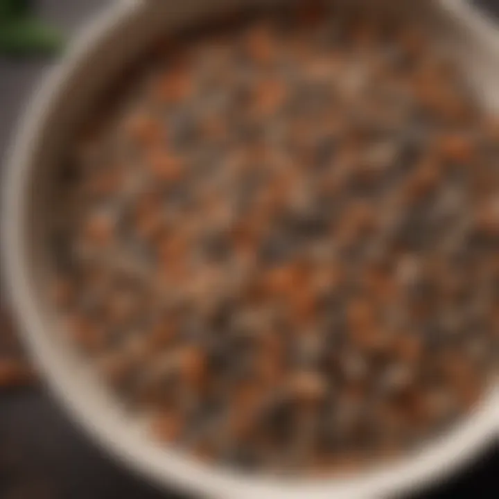 A close-up view of a covered bird food dish with fresh seeds.