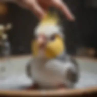 Close-up of a cockatiel enjoying a bath in a shallow dish.