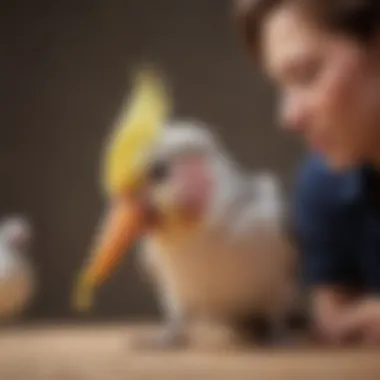 Cockatiel interacting playfully with its owner