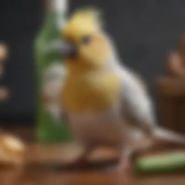 A vibrant cockatiel perched beside a bottle of natural shampoo.