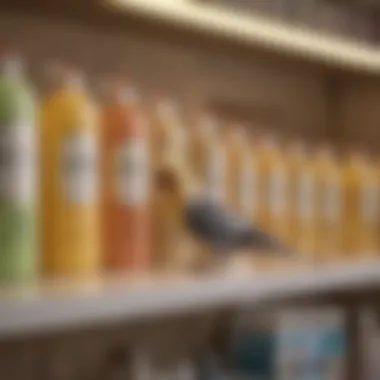 An array of different cockatiel shampoos on a shelf.