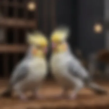 Cockatiels engaging in natural behaviors within a breeding cage environment.