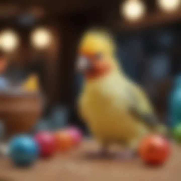 A colorful selection of toys designed for cockatiels.