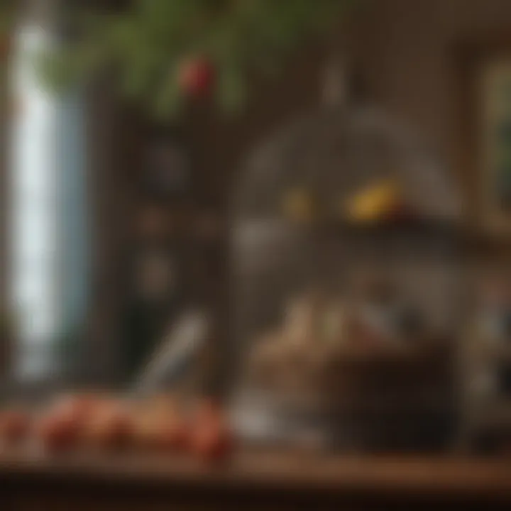 A cozy birdcage adorned with toys and natural perches, highlighting a suitable living environment.