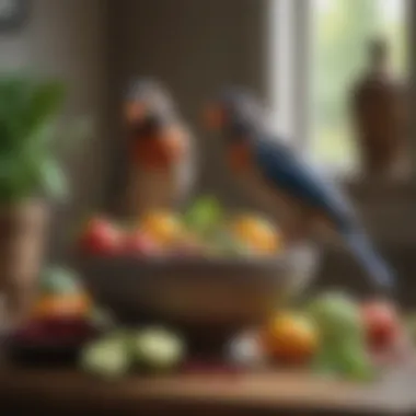 Nourishing Companion Birds with a Healthy Diet A bowl filled with fresh fruits and vegetables, representing a balanced diet for avian companions.