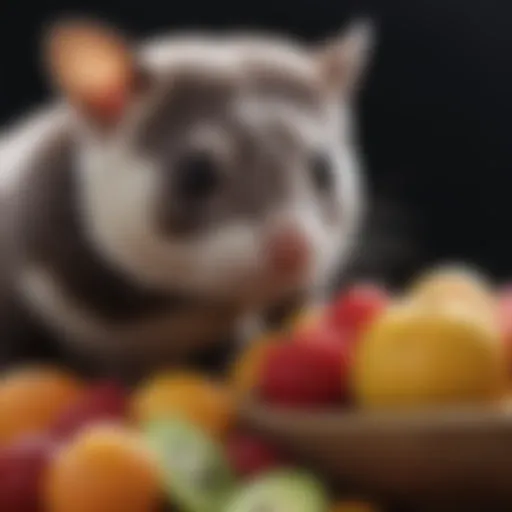 A sugar glider enjoying a variety of fresh fruits