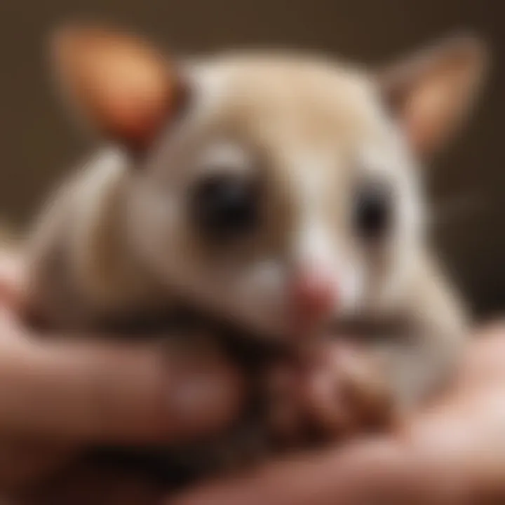 A close-up of a sugar glider being gently examined