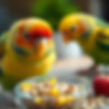 Nutritious Diet for Lovebirds A close-up of a nutritious lovebird meal featuring seeds and fresh fruits