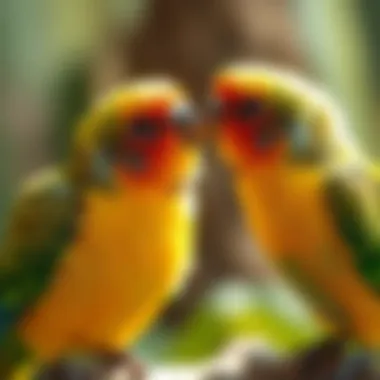 Lovebirds Engaging in Social Play Two lovebirds interacting playfully, showcasing their social behavior