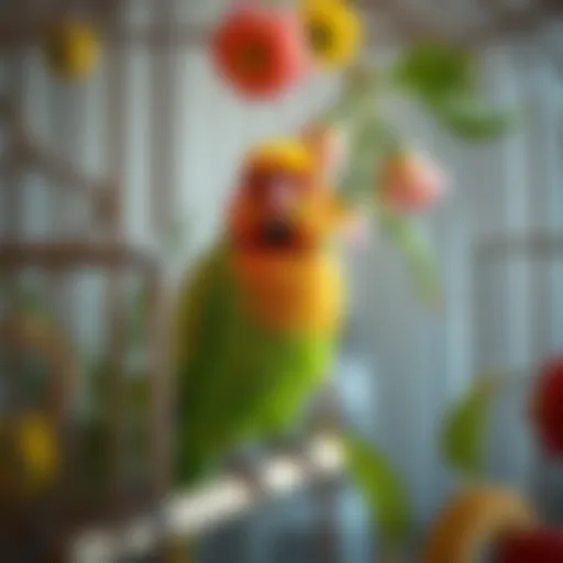 A vibrant lovebird perched in a beautifully decorated cage