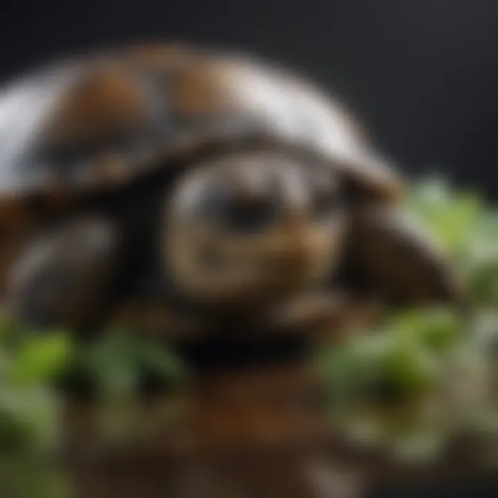 A close-up of a slider turtle enjoying a balanced diet including leafy greens and protein sources