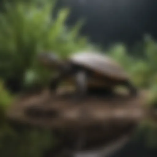 A well-designed habitat for slider turtles showcasing aquatic plants and basking area