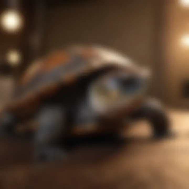 A slider turtle basking under a heat lamp, demonstrating the importance of temperature regulation