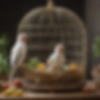 A well-organized birdcage with toys, perches, and food dishes