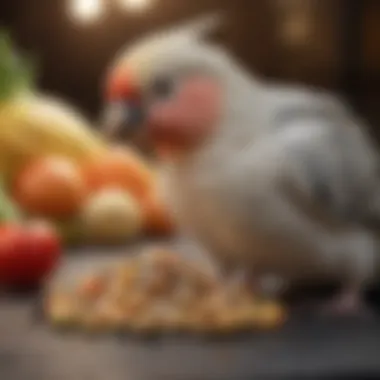 Nutritious Food for Cockatiels A selection of nutritious cockatiel food including seeds, fruits, and vegetables