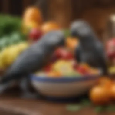 Colorful bowl of fresh fruits and vegetables for African Gray